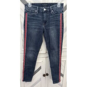 Lucky Brand Women's Size 2‎ Blue Denim Ava Skinny Black White Red Velvet Stripe